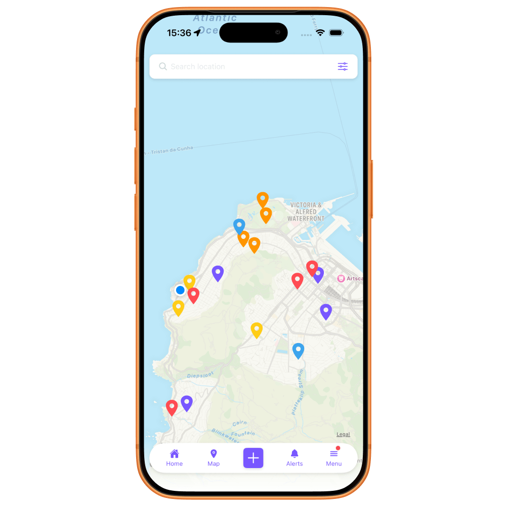 Sociable map view with event pins and discovery on mobile