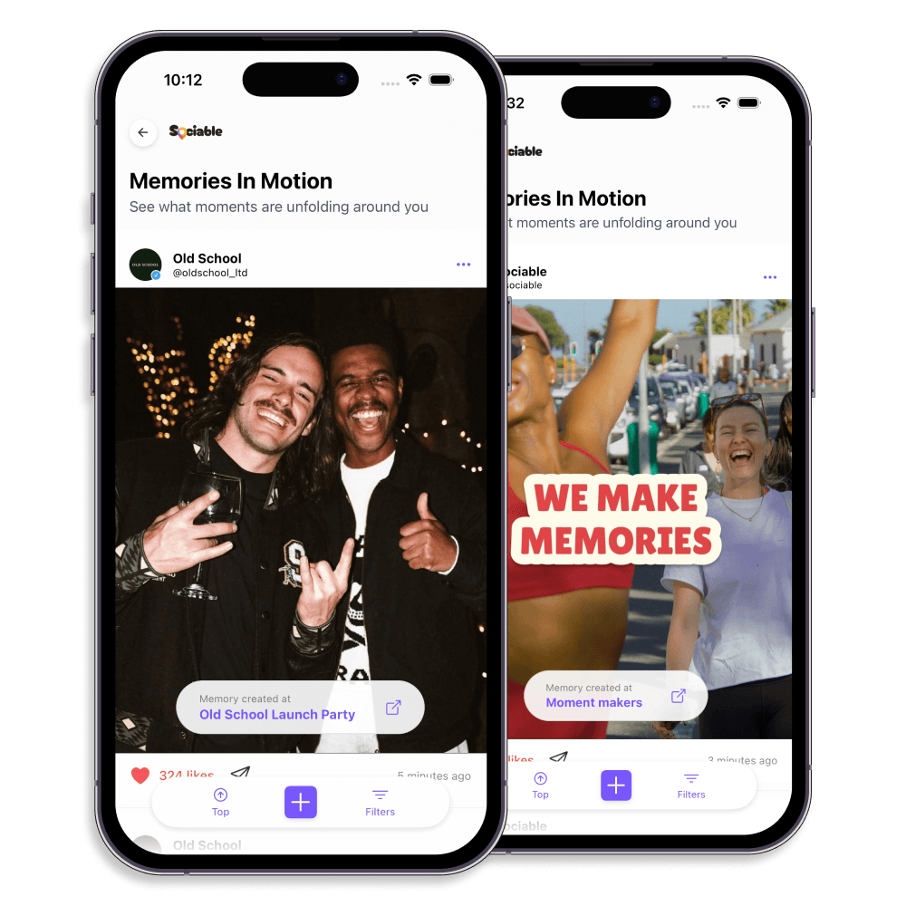 App screenshot: Memories in Motion feed with photos from events and chat